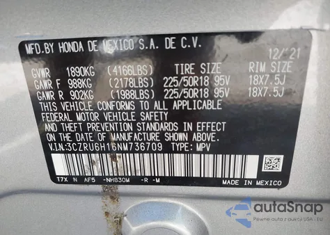 2022 Honda Hr-V Awd Sport from USA, damaged, VIN 3CZRU6H16NM736709